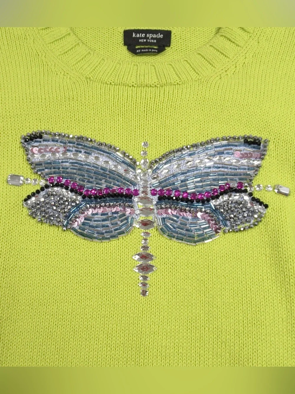 KATE SPADE Dragonfly Embellished Beaded Cotton Knit Sweater In Lime Zest - XS